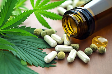 Herbal drug capsules. 3D illustration digital art design, generative AI