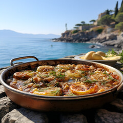 Briam casserole in the background of a beautiful Greek seaside landscape
