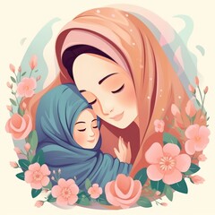 Cartoon illustration of a Muslim woman and her child, AI generated Image