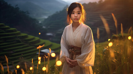 Naklejka premium asian woman wearing white ao dai Vietnam culture traditional in Rice terrace at Mu cang chai, Vietnam at sunrise.generative ai
