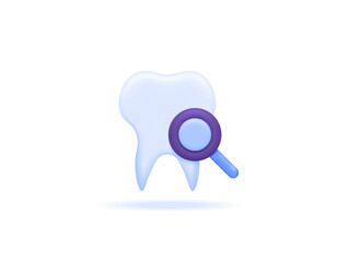 dental health checks. diagnosis and analysis. dental specialist. application or software of health consultation. symbol of tooth and a magnifying glass. 3D icons. minimalist 3d concept design. vector 