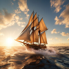 Fototapeta premium A magnificent sailboat, yacht floating on a beautiful sea, Generative AI