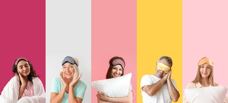 Group of people in pajamas and with sleep masks on color background