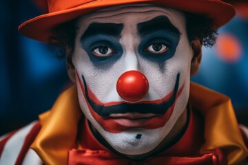 Sad clown exhausted circus jester joker emotions unhappy depressed performer carnival man sadness depression melancholic face expression make-up worried person costume dressed actor backstage circus - obrazy, fototapety, plakaty