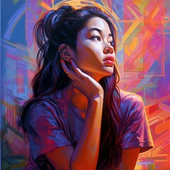 Asian young woman in thinking and doubts illustration. Female hipster character with dreamy face on abstract background. Ai generated bright drawn colorful poster.