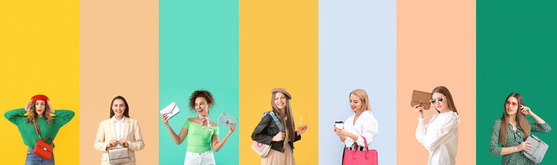 Collage of stylish young women with elegant bags on color background