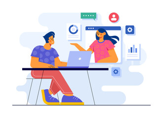 Casual cartoon business people having an online business meeting, Video conference, Work from home flat illustration vector concept, Distant business communication, Webinar