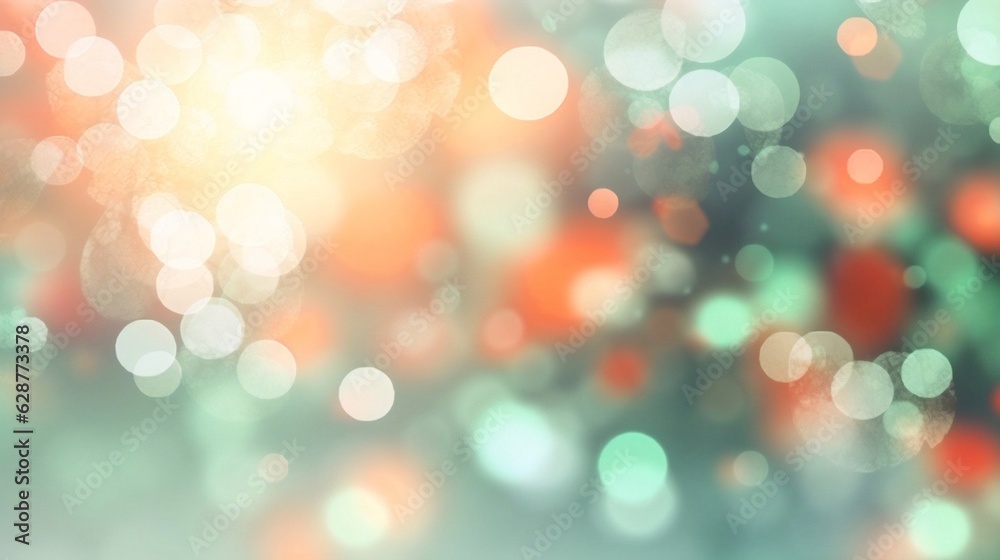 Poster generative ai : blurred bokeh light on mint green and coral background. christmas and new year holid