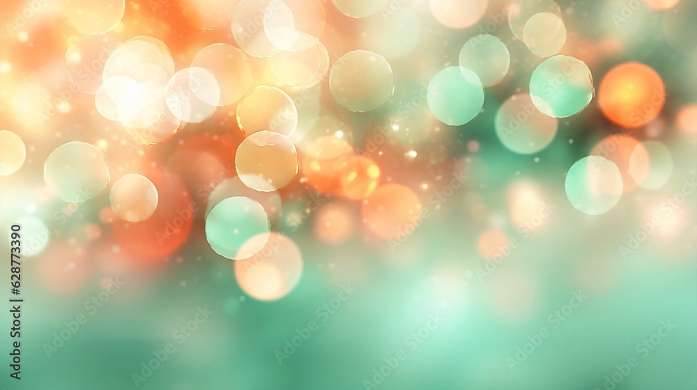 Poster generative ai : blurred bokeh light on mint green and coral background. christmas and new year holid
