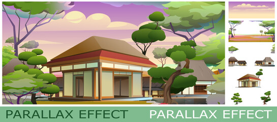 Japanese style house. set of slides create parallax image layer. Cartoon style. Isolated on white background. Vector.