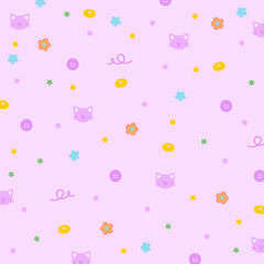 Illustrations of cat, star, flower on a pastel purple background for animal wallpaper, fabric print, pet shop, pet clothes pattern, picnic blanket, backdrop, adopt, rescue, textile, garment, kid cloth