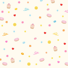 Illustrations of  donut, cupcake, flower, heart for cafe, restaurant, menu, recipe, sweet dessert background, birthday backdrop, wallpaper, fabric print, pattern, bakery, pastry, gift wrap, packaging