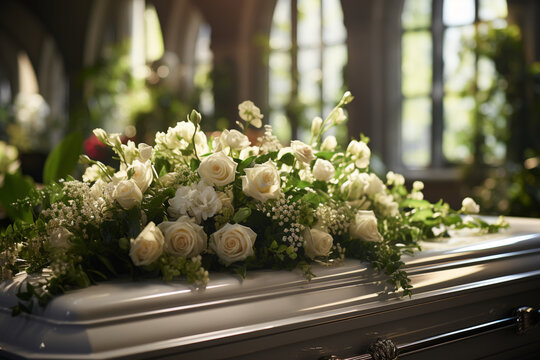 White coffin at funeral. Generative AI