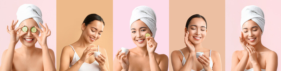 Set of beautiful young Asian woman with healthy skin on color background