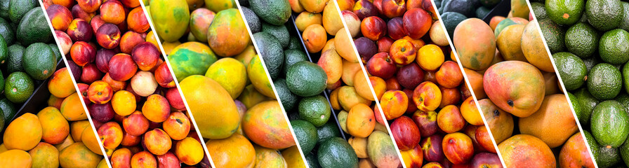 Collage of green avocados, sweet mangoes and peaches, closeup