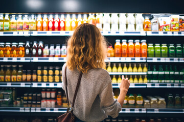 back view of young woman looking at bottle of juice in grocery store - obrazy, fototapety, plakaty
