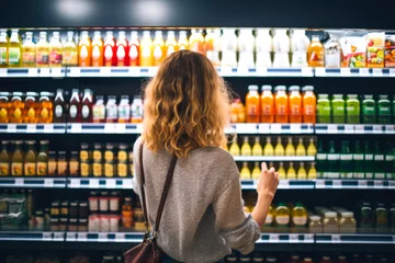Fotobehang back view of young woman looking at bottle of juice in grocery store © mila103