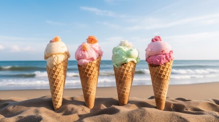 Colorful ice cream cones on the sandy beach by the ocean.
