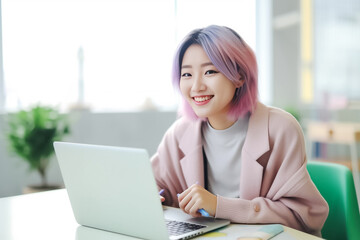 Fototapeta premium A Smiling Asian Woman working with her laptop in front of light cream background. generative AI.