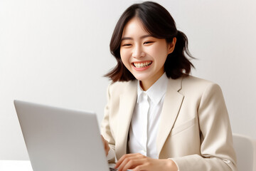 A Smiling Asian Woman working with her laptop in front of light cream background. generative AI.