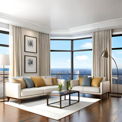 Fototapeta premium Stylish cozy modern bright living room with a large white sofa.