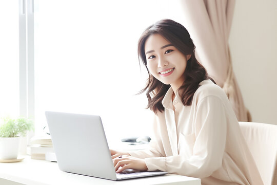 A Smiling Asian Woman working with her laptop in front of light cream background. generative AI.