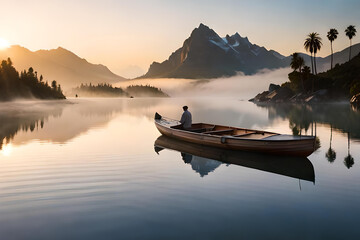 A fabulous boat sits empty on the shore alone by a foggy lake white background photorealistic