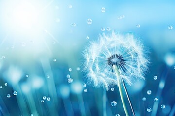 Fototapeta premium Dandelion Seeds in droplets of water on blue and turquoise beautiful background with soft focus in nature macro. Drops of dew sparkle on dandelion in rays of light.
