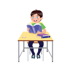 Child reading a book at school. Back to school. Child in class, student. Illustration for school. School season. Vector illustration