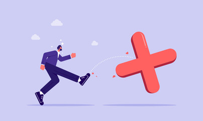 Stop obsessing over mistakes,  beginner learning from mistake, overcoming failures, no fear of making mistakes, businessman kick cross sign go away