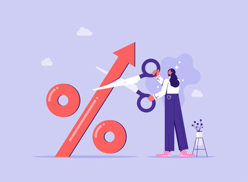 Stop Inflation concept, high interest rate on loans, economic crisis, central bank raised interest rate to curb soaring inflation, businessman cuts percentage mark with scissors