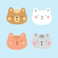 cute cat dog and bear face illustration vector white background