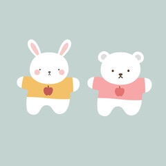 cute teddy bear and bunny illustration vector white background
