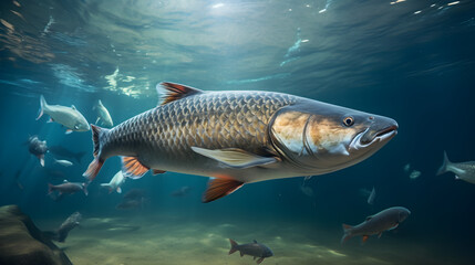 Predatory fish underwater, ready to swallow the bait. hunting predator fish underwater, Generative AI