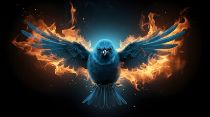 a big blue bird with its wings spread out, on fire, Generative AI