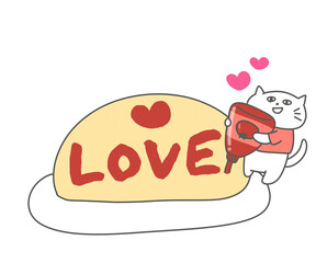 オムライスにLOVEの文字を書くねこ
