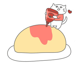 オムライスにケチャップをかける猫