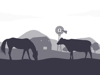 Flat Illustration of Horse and Cow in Farm Live. Silhouette Vector Illustration.