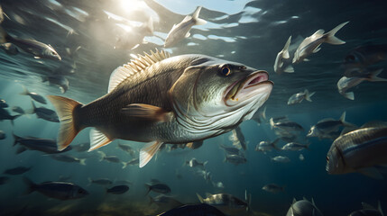 Predatory fish underwater, ready to swallow the bait. hunting predator fish underwater, Generative AI