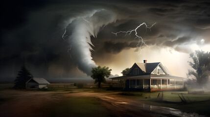 Naklejka na ściany i meble Rural house with tornado, twister looming, moodily menacing, Generative AI