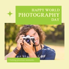 Happy world photography day text on green with happy caucasian man using camera in park