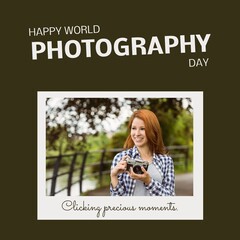 Happy world photography day text on black with happy caucasian woman holding camera in park