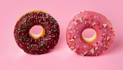 Delicious strawberry doughnuts with sprinkles are displayed in an isolated fashion on a pink background