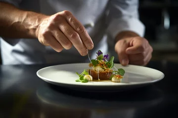 Foto op Plexiglas Master chef cook man hands precisely cooking dressing preparing tasty fresh delicious mouthwatering gourmet dish food on plate to customers 5-star michelin restaurant kitchen close-up detailed artwork © Yuliia