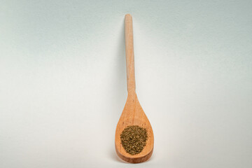 Wooden spoons filled with spices in different positions