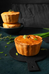 Board with tasty meat pot pie on dark background
