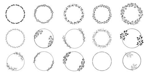 Hand drawn set of cicle floral frame. Border for banner, wedding, greeting card design. Sketch style vector illustration.