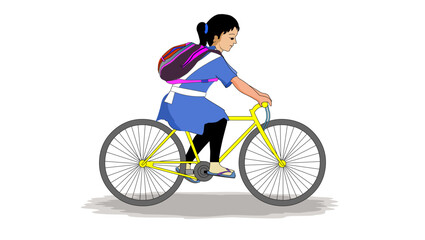 A girl goes to school by riding a bicycle