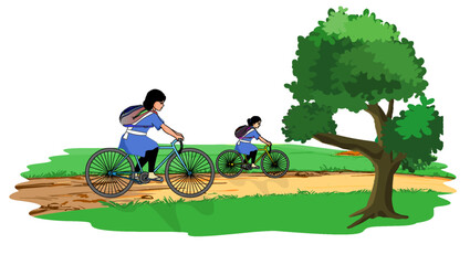 On the way to the village, two girls are riding their bicycles to school