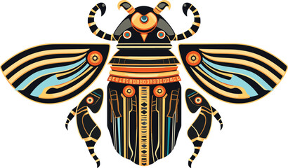 Egyptian scarab beetle with decorative elements vector illustration - obrazy, fototapety, plakaty